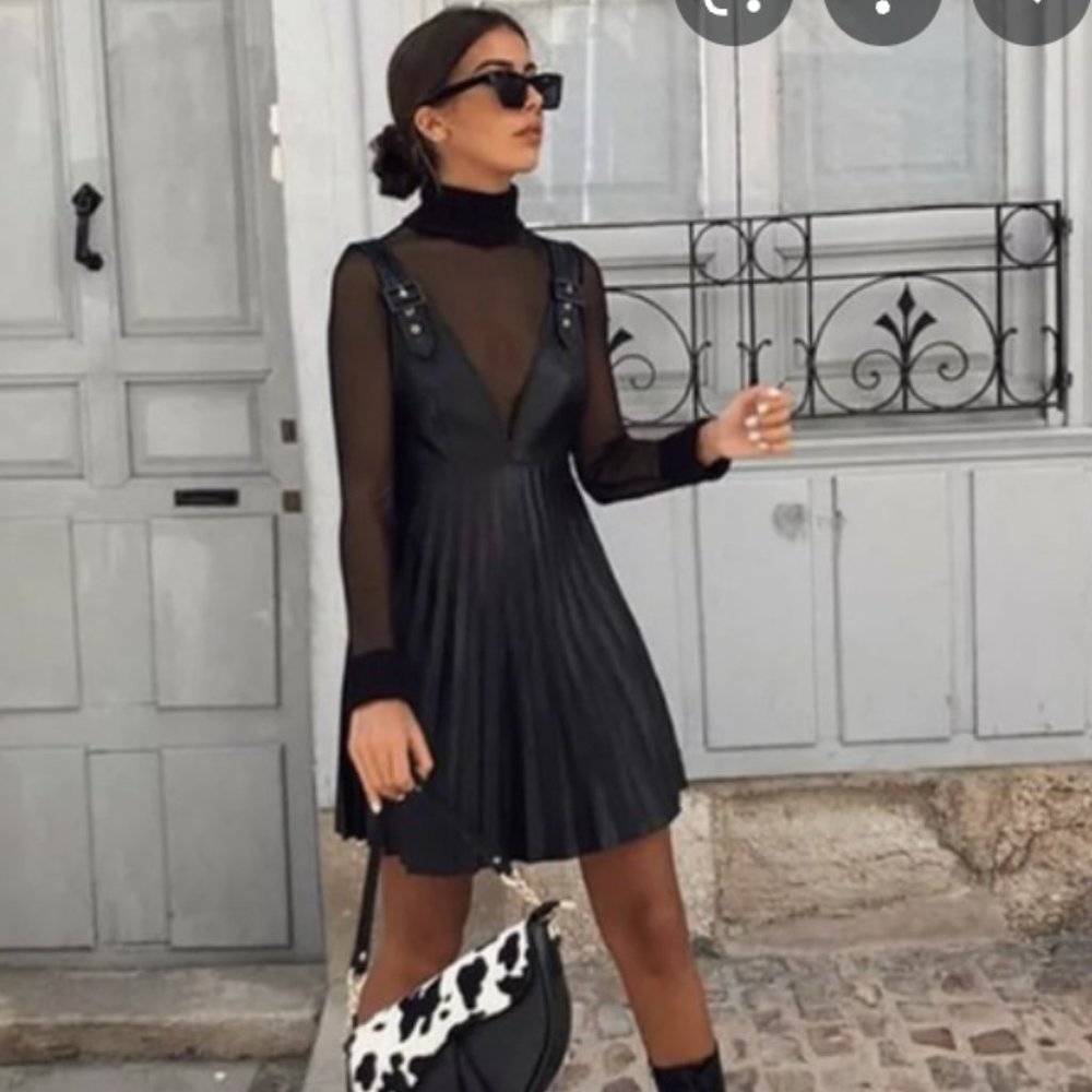 Zara Faux Leather Pinafore Pleated Dress